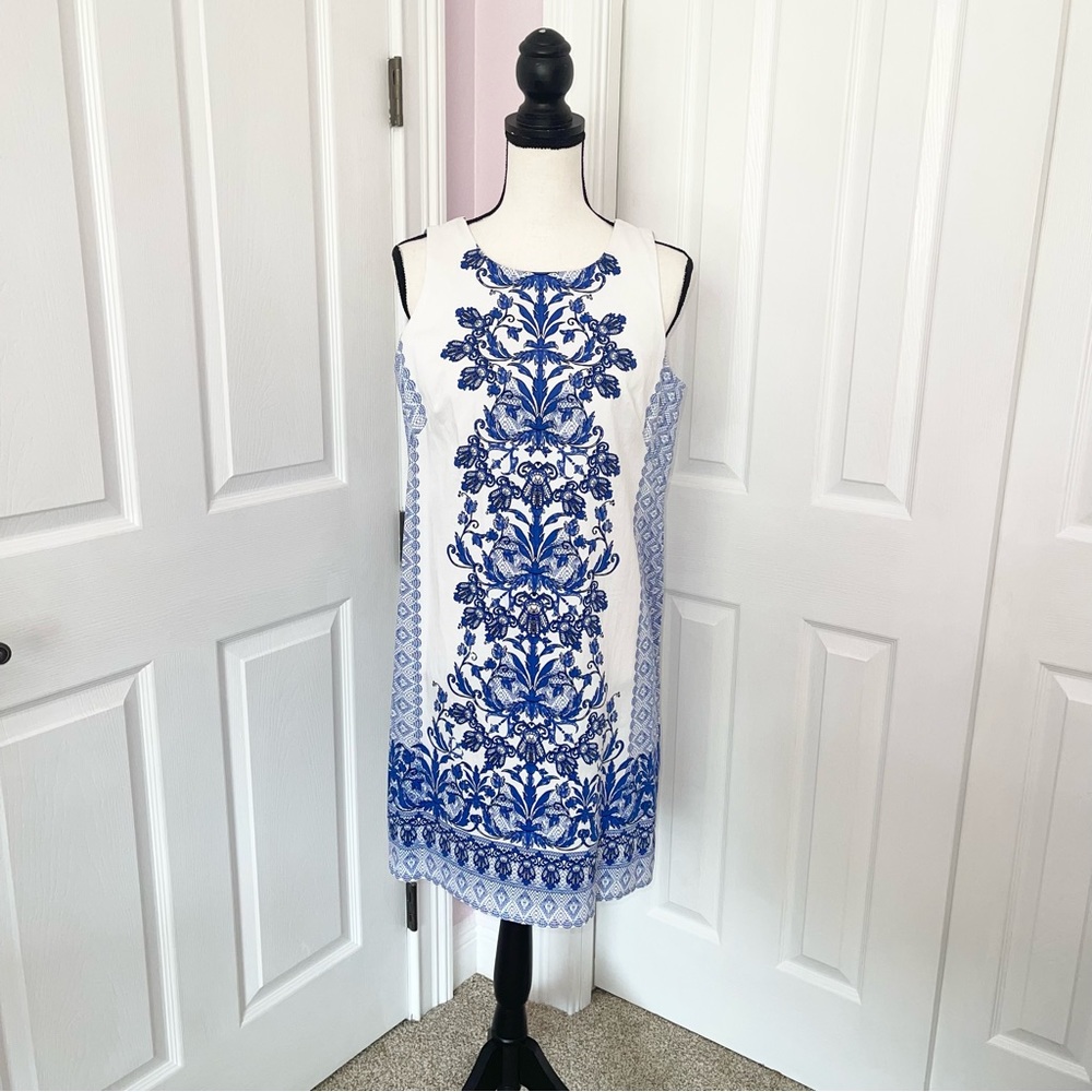 London Times white & blue tribal geometric design sleeveless shift dress, sz 12
